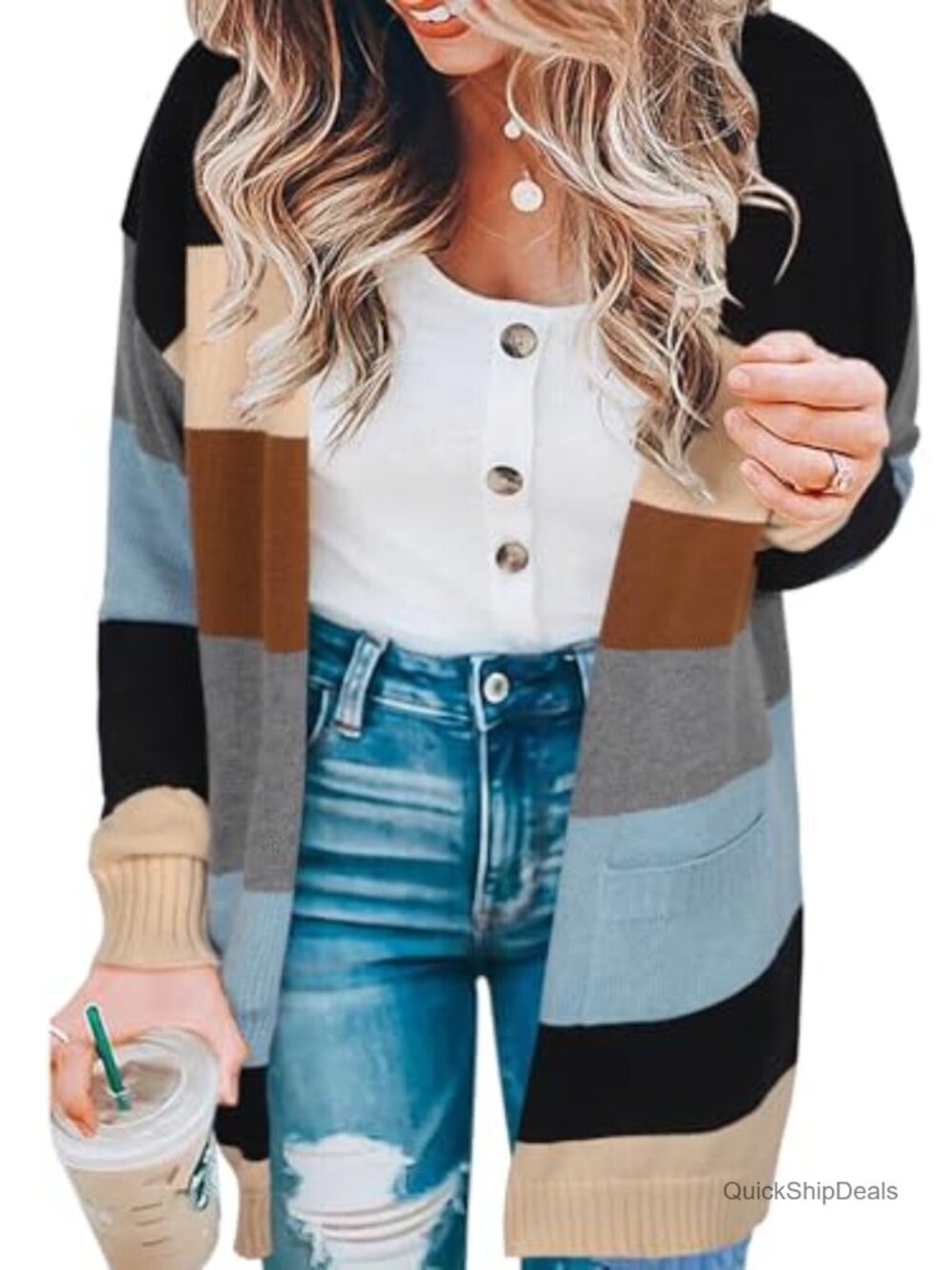 Womens Knit Open Front Cardigan Long Sleeve V-Neck Striped Sweater